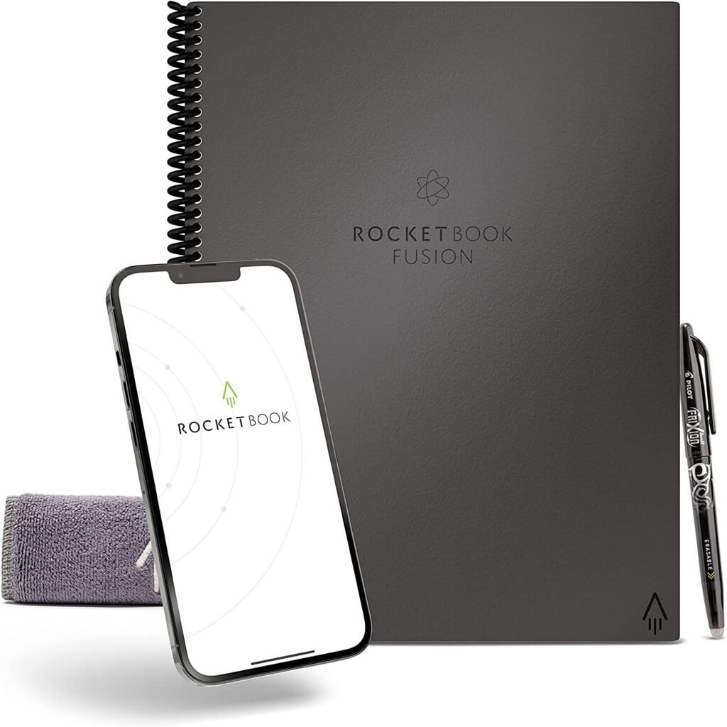 Oferton: Rocketbook Fusion Reutilizable Agenda y Cuaderno Conectados Digitalmente con Bolígrafo, Paño y Aplicación, Gris, 7 Estilos de Página, Tamaño A4 21 cm x 29,7 cm, 42 Páginas