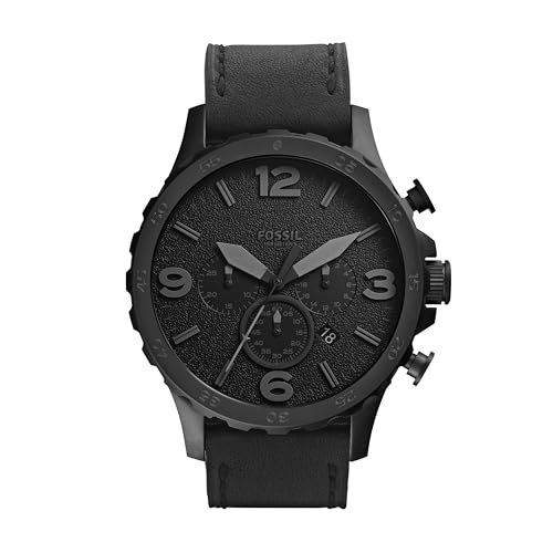 Oferton: Fossil Reloj para hombre Nate, movimiento cronógrafo de cuarzo, caja de acero negro de 50mm con correa de piel auténtica, JR1354