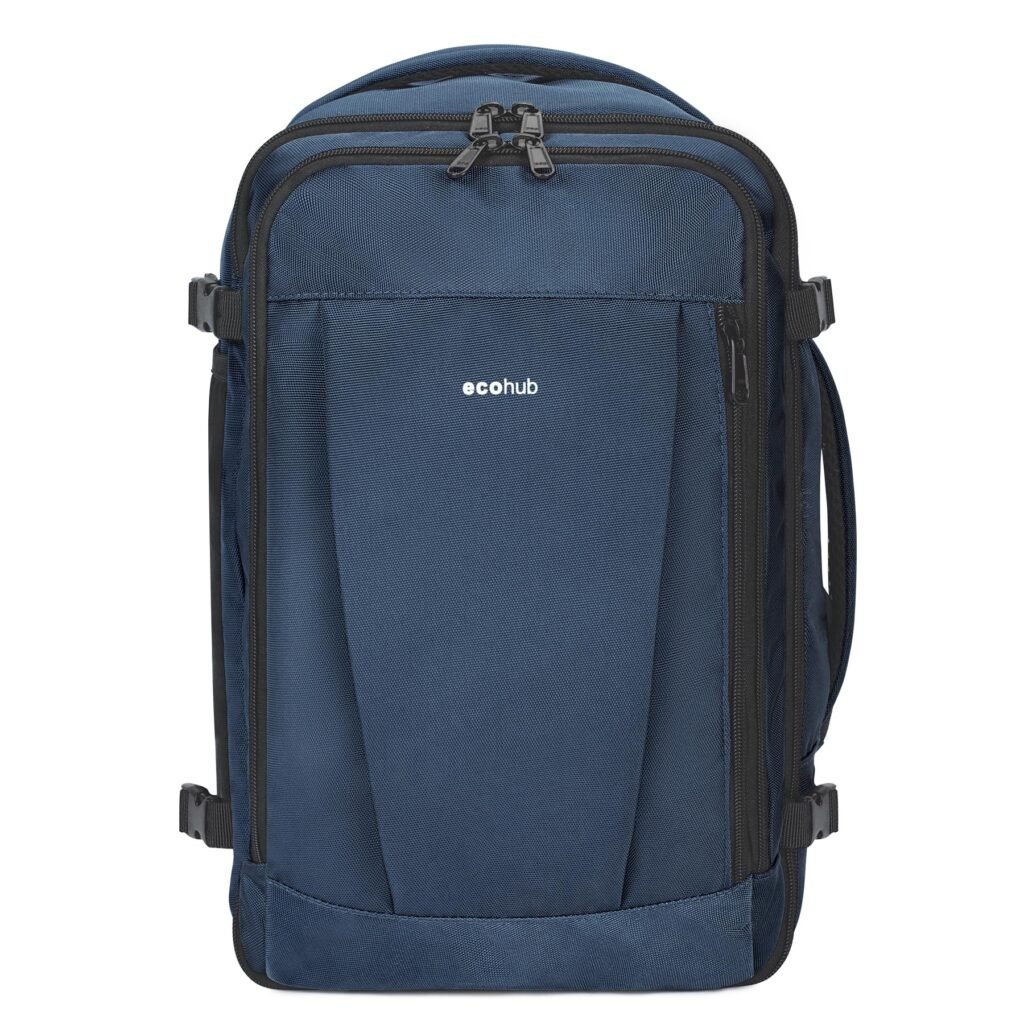 Oferton: ECOHUB 30L Mochila 45x36x20 Easyjet, Mochila Viaje Cabina Avion con 13 Bolisillos, Debajo del Asiento Mochila Equipaje de Mano, Pet Reciclada Bolsa de Viaje Hombre Mujer, Patentado(Azul)