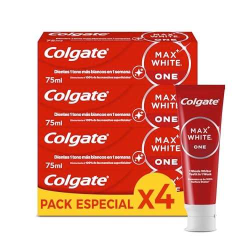 Oferton: Colgate Max White One Pasta de Dientes Blanqueadora, Pack 4 Uds x 75ml, Dentífrico Blanqueador, Dientes 1 Tono Más Blancos en 1 Semana, Elimina Manchas Superficiales