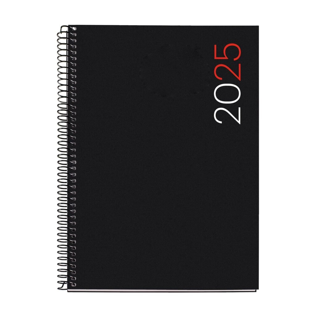 Oferton: Miquelrius – Agenda 2025, Agenda anual 155×213 mm, Agenda semana vista, Cubierta flexible polipropileno, Espiral, Papel 80 g/m², Catalán, Inglés y Portugués, Color negro