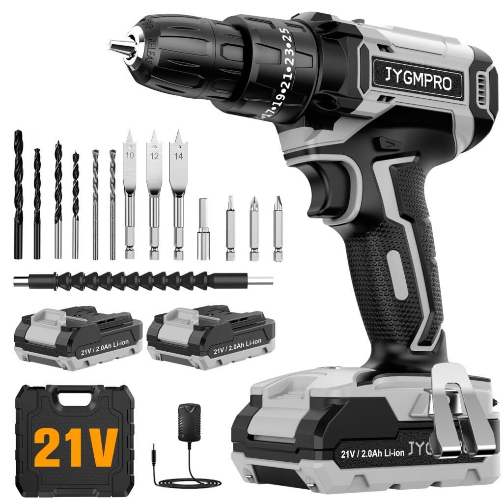 Oferton: JYGMPRO Taladro Percutor a Bateria 21V, Taladro Atornillador Bateria con 2×2.0Ah Baterías, Atornillador Electrico 42Nm, 25+3 Ajuste de Par, 14 Accesorios, 2 Velocidad, Para Hogar, Bricolaje, Gris