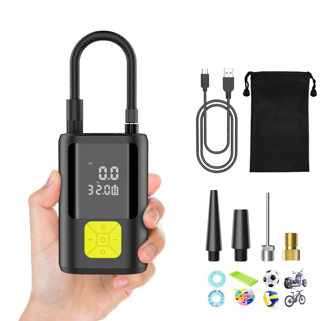 Oferton: 6000Mah Compresor Aire Portatil, 150PSI Inflador Ruedas Coche Mini Bomba de Aire Bicicleta Electrica con Pantalla LCD Digital y Linterna LED，con 4 Boquillas para Coches, Motos, Bicicletas Pelotas