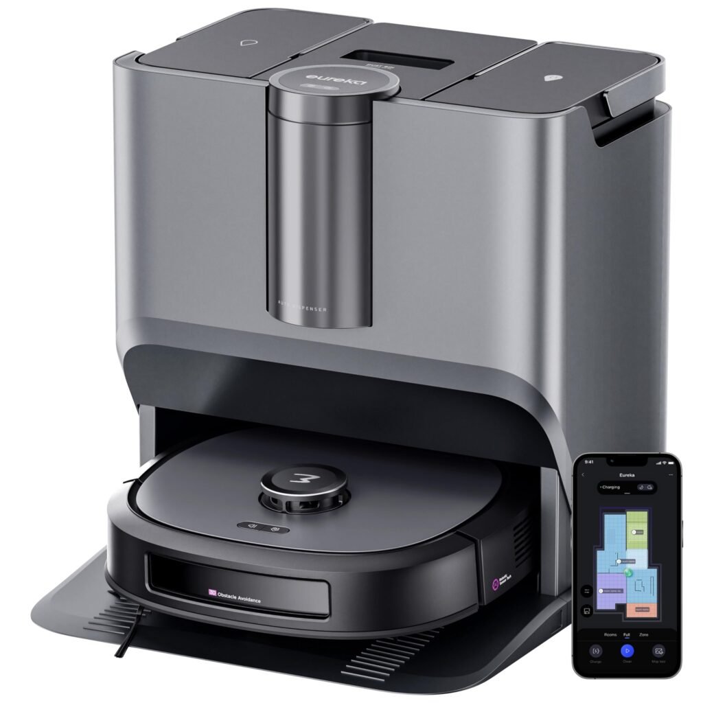 Oferton: Eureka J20 Robot Aspirador y Fregasuelos, Succión de 8000Pa, Diseño de Mopa con Secado Automático, Evitación de Obstáculos, Detección de Alfombras, Estación Base Autolimpiable, Control por Voz