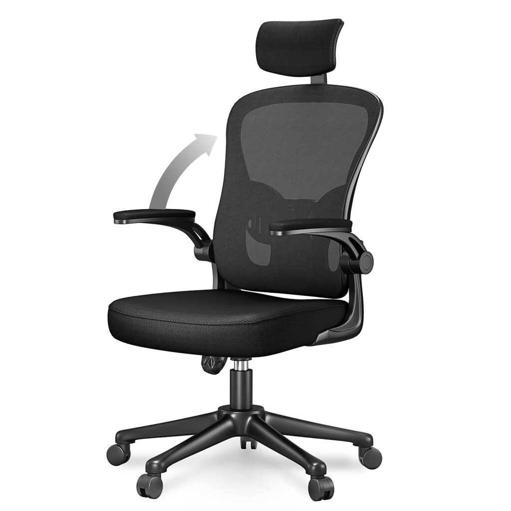 Oferton: rattantree Silla de Oficina, Silla de Escritorio Ergonómica con Reposacabezas Ajustable y Soporte Lumbar, Respaldo de Malla Transpirable, Reposabrazos Abatibles de 90°, Silla Giratoria de 360°