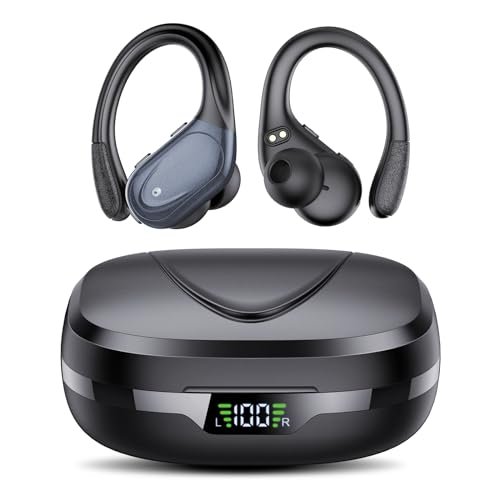 Oferton: Auriculares Inalambricos, Auriculares Bluetooth 5.3 Deportivos con Gancho de la Oreja, 60H de Reproducción, Pantalla LED, Llamada ENC HD, Profundamente Bajo, Ajuste Cómodo, IPX7 Impermeable(Negro).