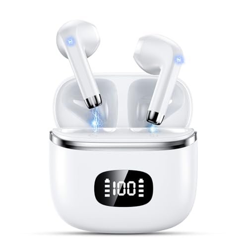 Oferton: POMUIC Auriculares Inalámbricos Bluetooth, Auriculares Bluetooth 5.3 con 4 HD Mic HiFi Estéreo, Auriculares Inalambricos con Potentes Altavoces de 13.4 mm, LED Pantalla, IPX7 Impermeable, Blanco