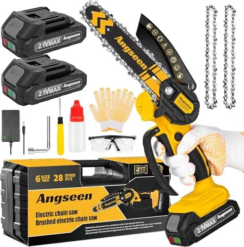 Oferton: Mini Motosierra Bateria 6 Pulgadas Sin escobillas, Motosierra de Mano de 6 Pulgadas, 2 Baterías de 2Ah y Cargador, 2 Cadenas, Motosierra Eléctrica de Una Mano para Árboles de Jardín