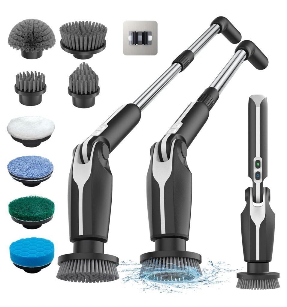 Oferton: Leebein Cepillo Eléctrico Limpieza Hogar, 2024 Fregadora Giratoria Eléctrica con 8 Cepillo Reemplazables, Control Remoto, Mango Ajustable 38-132CM y 2 Velocidades de Rotación para Baño/Cocina/Coche