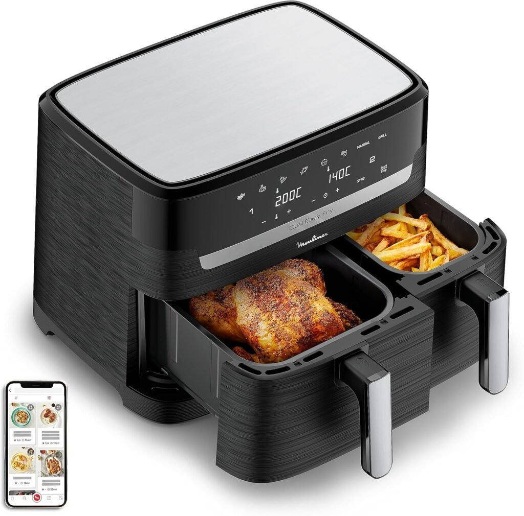 Oferton: Moulinex Dual Easy Fry 8,3 L – Freidora de aire dual, ahorro energético de hasta 70%, capacidad de 5,2 L y 3,1 L, 7 programas, resultados crujientes, apto lavavajillas, recetario digital, EZ9018