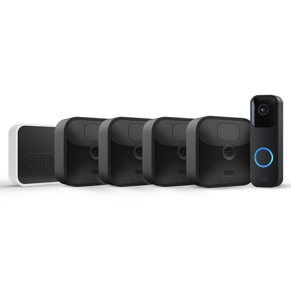 Oferton: Blink Outdoor | Cámara de vigilancia exterior HD inalámbrica y resistente a la intemperie, 4 cámaras + Blink Videotimbre (Video Doorbell) | Audio bidireccional, vídeo HD, compatible con Alexa
