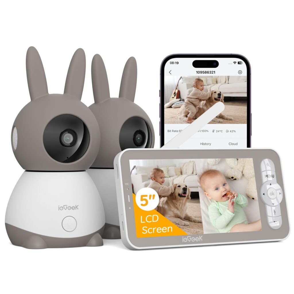 Oferton: ieGeek 3MP Camaras Vigilancia Bebe con 2 Camaras, Vigilabebes con Camara con 5” Pantalla Dividible, 355° PTZ Control Remoto de Móvil, Seguimiento Automático, Detección de Llanto, Audio de 2 Vías