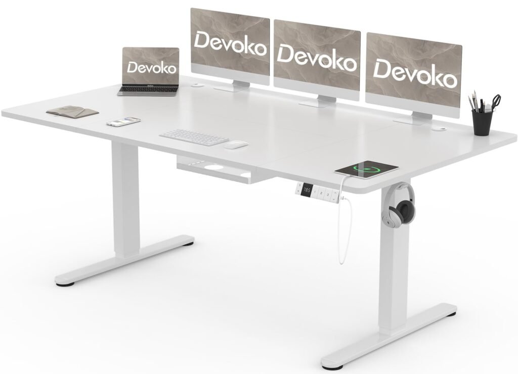 Oferton: Devoko Escritorio Elevable Eléctrico 180 x 80 cm de Carga USB C, Escritorio Ajustable en Altura con Tablero, 3 Función de Memoria y Anticolisión, Regulable en Altura 72-118cm, Blanco