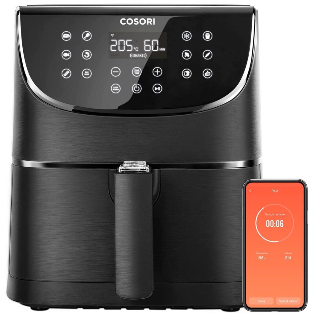 Oferton: COSORI Freidora de Aire Inteligente 5,5L con-Wifi Air Fryer 1700W, Tecnología Rapid Air, 55% Menos Energía, 13 Modos, Uso Fácil, Panel Táctil, Hasta 205ºC y 60 Min, Acero Inox Interior, Libre de BPA