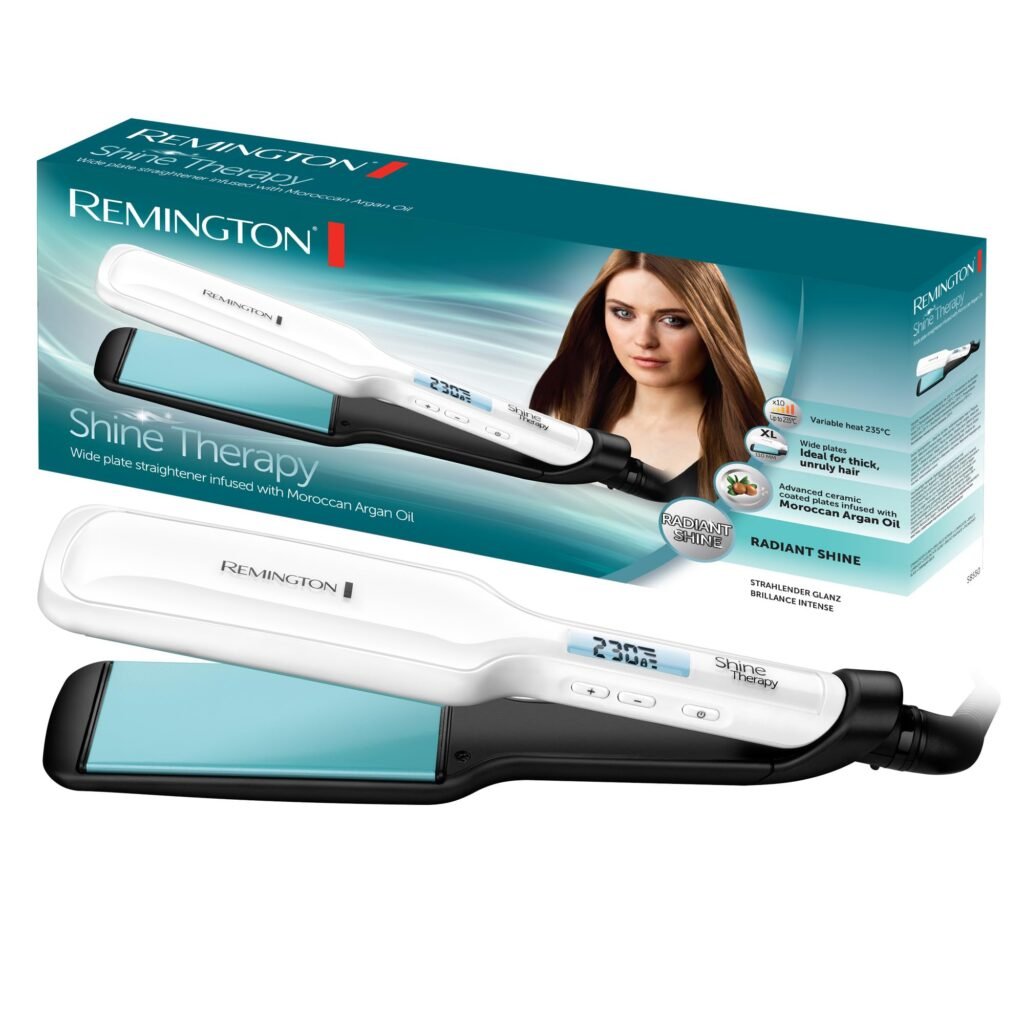 Oferton: Remington Plancha de Pelo Shine Therapy, Aceite de Argán, Placas Flotantes Anchas, Resultados Profesionales, Cerámica Avanzada, Temperatura hasta 235°C, Digital, Blanco, 110 x 50 mm, S8550