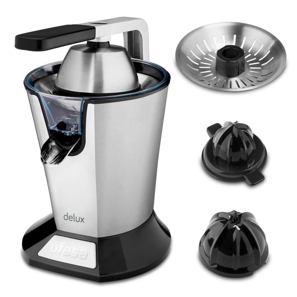 Oferton: Ufesa EX4950 Exprimidor Eléctrico de Brazo, 600W, Vertido Continuo, Sistema Antigoteo, Doble Cono, Filtro de Acero Inoxidable, Brazo para la Extracción del Zumo, Desmontable, Sin BPA, Negro Inox