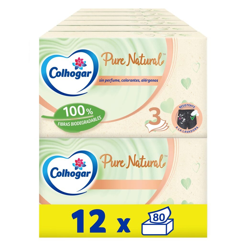 Oferton: Colhogar Pure Natural 12×80 – Caja de Faciales Suaves Biodegradables – Resistentes a la Lavadora – Hechos con Materiales Reciclados – Caja con 960 Pañuelos Faciales – Color Natural