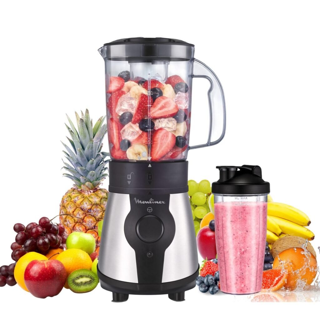 Oferton: Moulinex Blend&Go – Batidora de vaso de 300 W, con jarra de plástico de 750 ml, incluye botella portátil de 750 ml, 4 cuchillas extraíbles, acabado acero inoxidable, LM1B1D