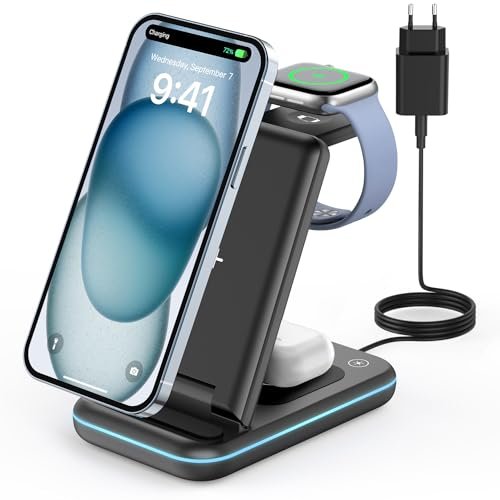 Oferton: JoyGeek Cargador Inalámbrica, Plegable 3 en 1 Base Cargador para i Phone 16/15/14/13/12/Plus/Pro MAX, Estación de Carga para Apple Watch Ultra-2, Rapida Wireless Charger para AirPods 4/Pro/3/2-Negro