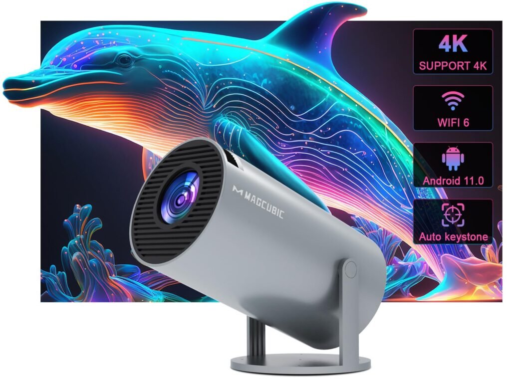 Oferton: Gris Mini proyector portátil Auto Keystone, proyector Inteligente 4K/ 200 ANSI con WiFi 6, BT 5.0, Pantalla de 130 Pulgadas, Giro de 180 Grados, Sistema operativo Android Integrado 11.0