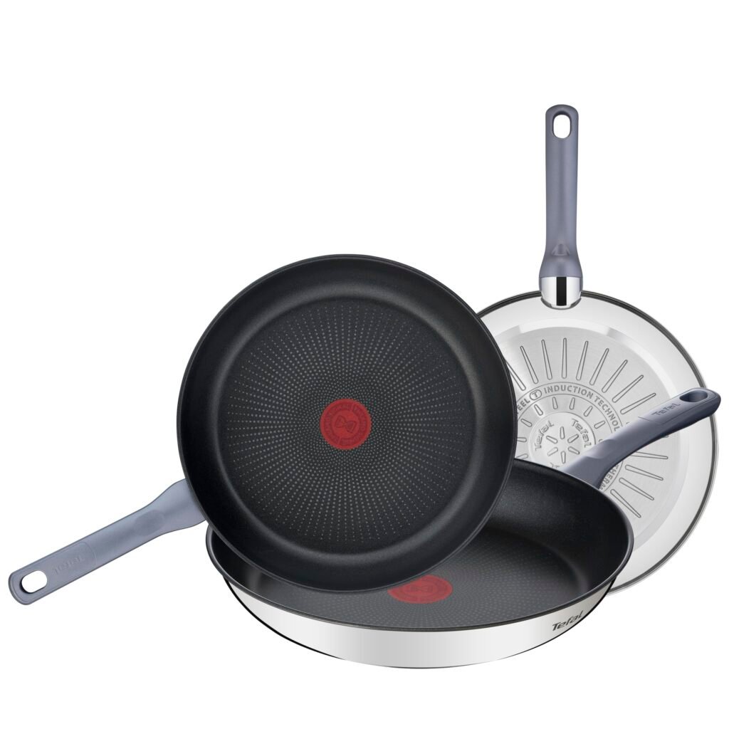 Oferton: Tefal Daily Cook – Juego de 3 Sartenes de 20, 24 y 26 cm de acero inoxidable, sartenes antiadherentes, tecnología Thermospot, cocción uniforme, todo tipo cocinas, sin PFOA, color negro