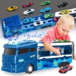 Oferton: hahaland Camion Juguetes Niños 2 3 Años – Eyección Pista de Carreras Parking Coches Juguete con Luces y Sonidos, Camión de Transporte con 6 Die-Cast Coches para Niños 2 3 4 5 Años