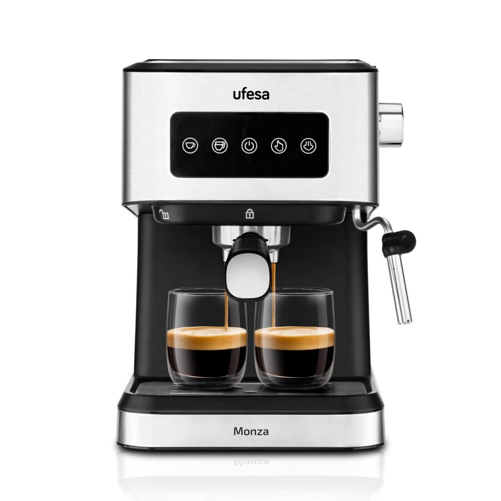 Oferton: Ufesa Monza Cafetera Espresso y Capuccino de 20 Bares, Panel Táctil Digital, Vaporizador Orientable, Café Molido o Monodosis ESE, Función Calienta Tazas, 1050W, Depósito 1.5L