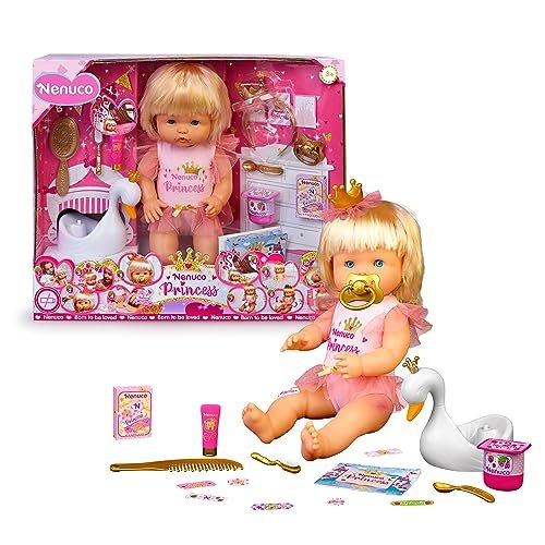 Oferton: Nenuco – Princess, muñeco bebé con Pelo Rubio de 42 cm, Lleva Ropa y Corona de Princesa, 11 Funciones y 10 Accesorios de cuidados y comiditas para Jugar, +2 años, Famosa (NFN61000)