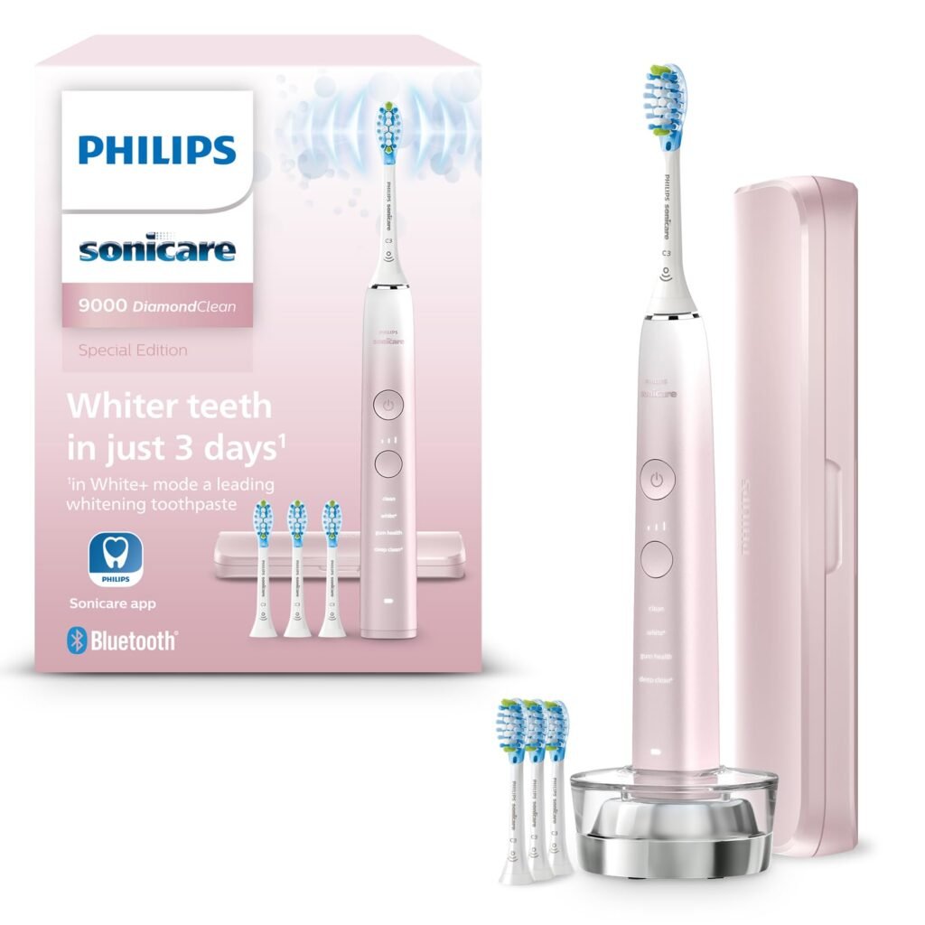 Oferton: Philips Sonicare DiamondClean 9000, cepillo dental eléctrico, edición especial, cepillo dental sónico con aplicación, sensor de presión, soporte de carga, rosa, modelo HX9911/79