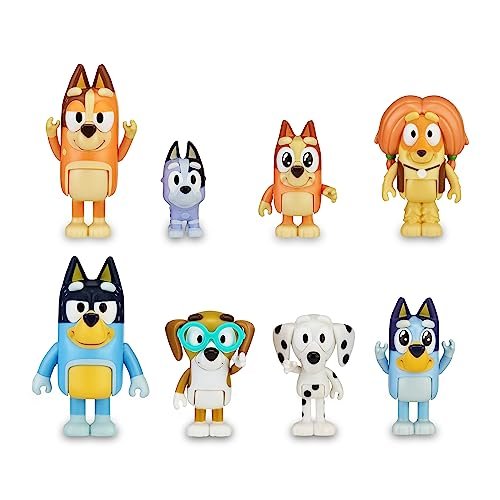Oferton: Bluey – Pack 8 Figuras Familia y Compañeros del Cole, Figuras articuladas, muñecos de 6-8 cm, colección de Personajes de la Serie de Dibujos Infantil, niños y niñas +3 años, Famosa (BLY49000)